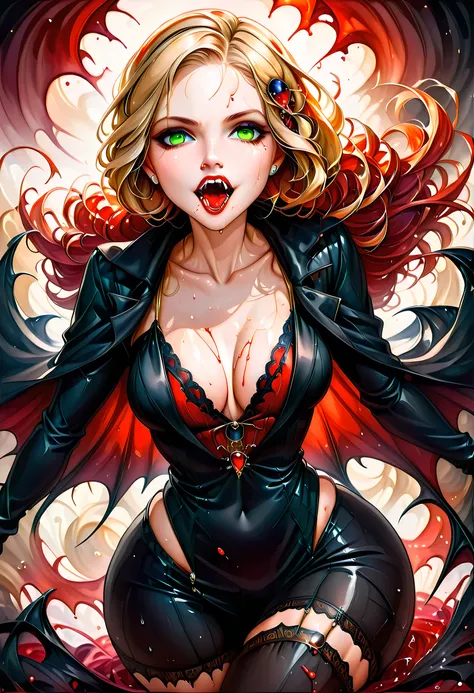 ((a photorealistic portrait of an exquisite, glamour female vampire: 1.5)) , pale face, blond hair, long vibrant shiny hair, glamorous hair, emerald green eyes, deep penetrating eyes, red lips, lustful lips, ((two vampiric fangs: 1.5), drops of blood dripp...