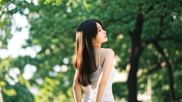 there is a woman standing in the park with her back to the camera, asian girl with long hair, a young asian woman, beautiful young korean woman, profile pose, beautiful young asian woman, young asian woman, wearing white camisole, an asian woman, young bea...