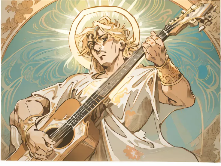 face portrait of a guitarist , holy virgin mary, ((halo over head)), heavenly sky, half body, ((divine light)), ethereal, floral frame, Decorative panels, abstract artistic, by Alphonse Mucha (Masterpiece, Best Quality, Highres:1.4), Detailed, Intricate De...