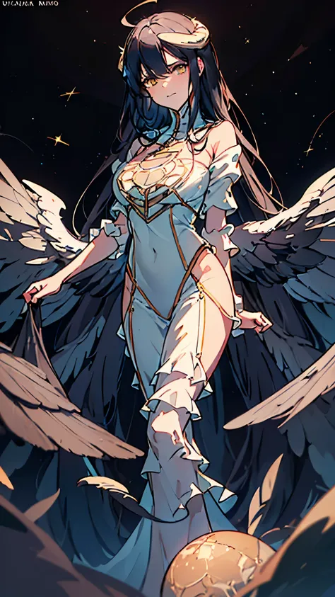 ((((Obra maestra, La mejor calidad, ultrahigh resolution)))), 1girl, standing, segmented body, Starry eyes, long silver hair, ((transparent wings, mesh clothing,)), stern expression, elegant posture, holding a celestial orb, (head tilt), starry night backg...