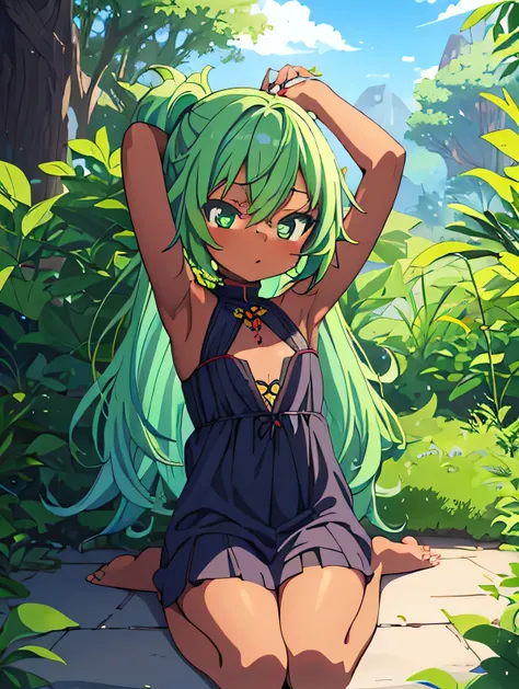 loli,masterpiece, highest quality,highquality,HD,anime,small female,cute,pretty,kawaii,micro body,Green hair,Barefoot,slanted eyes,,ebony skin,arms behind