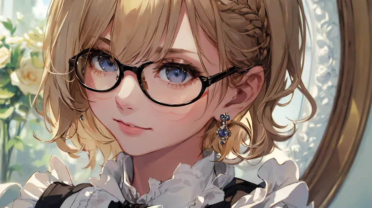 (masterpiece:1.2, best quality), (real photo, intricate details), solo, 1milf, house, close-up of face, maid outfit, (front focus), large round earrings , wearing glasses, Look at me, bangs, short hair, blonde hair, layered hair