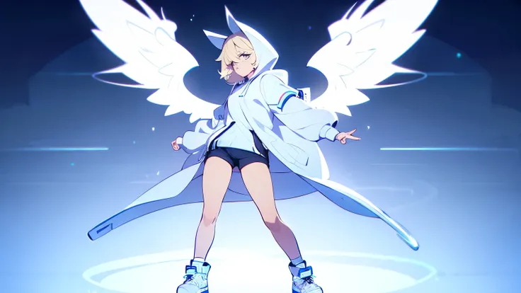 angel femboy with thick thighs, reference character design, dynamic pose, sexy, short blond hair, hood, tanned skin, white angel wings, white hoodie, black stockings, shorts, cool sneakers, shy