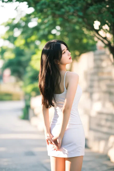 araffe woman in a white dress standing on a sidewalk, beautiful young korean woman, gorgeous young korean woman, asian girl with long hair, a young asian woman, wearing white camisole, beautiful young asian woman, beautiful south korean woman, young asian ...