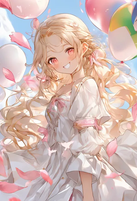 Beautiful face elf、Blonde Long Hair、Pointed Ears、Smiling with teeth showing、The wind is blowing、Background with flying petal balloons、Extremely deep background、Golden Ratio、Golden Ratio、Light pink hair, Pink Eyes, Pink and white, Cherry leaves, Vibrant col...