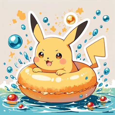 cute scene featuring Pikachu practicing swimming, Pikachu should be in a shallow pool or a calm body of water, looking determined and joyful. Use a bright and cheerful color palette with soft, painterly strokes. Include elements like a small floatation dev...