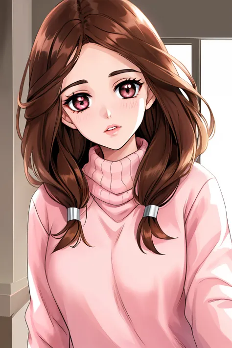 girl, long brown hair, brown eyes, sharp features, white skin, pink lips, beautiful, perfect, sweater