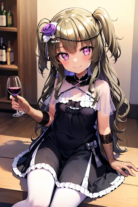 Himari Mei, masterpiece, loli, cute, flat chest, cute and shy smile, highly detailed sparkling brilliant purple eyes, black dress, perfect body, full body, head tilt, sitting, in bar, drinking wine
