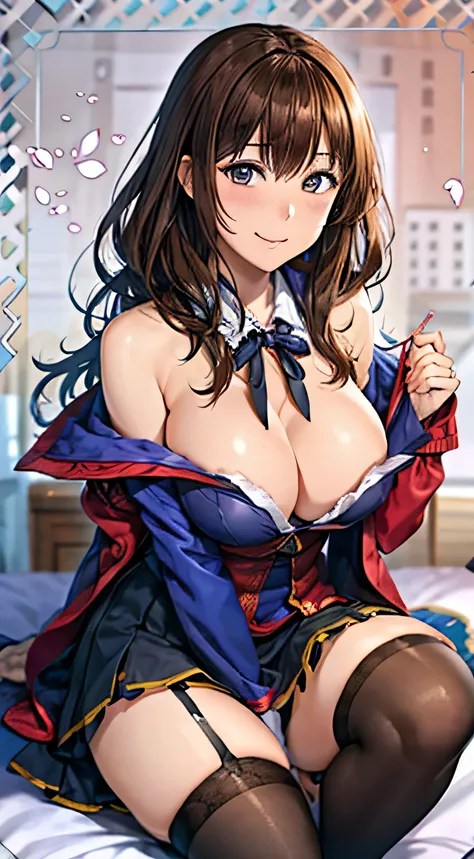 ((Tabletop, Highest quality, High resolution, , Pixel Perfect, 4K, ))), Beautiful woman,, alone, beauty、The whole body is visible、 (((Sexy Witch Cosplay), Long dark blonde wavy hair、Off-the-shoulder jacket,　Dark blue flared skirt、Black knee-high stockings、...