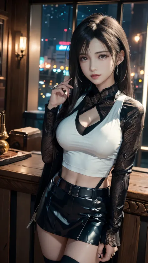 8K resolution, masterpiece, Highest quality, Award-winning works, unrealistic, tifa lockhart, 20-year-old, sexy office lady, (black long hair:1.3), beautiful Perfect Face, Soft Skin, Perfect Face, Yasutomo Okas painting style, 165cm tall, Three sizes are 9...