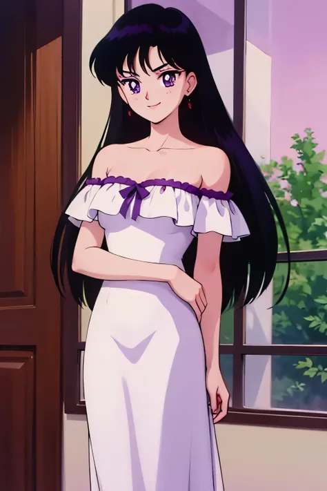 1 girl, solo, Rei Hino, Long Black Hair, Purple eyes, bare shoulders, strapless, off shoulders, white ruffle off the shoulder maxi dress, smile, ballroom, columns, cowboy shot, facing viewer, absurdres, ultra detailed, masterpiece, best quality, Teenager, ...