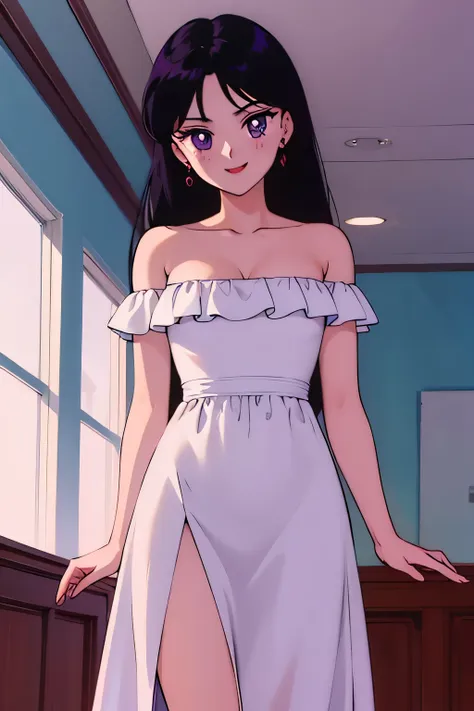 1 girl, solo, rei hino, long black hair, purple eyes, bare shoulders, strapless, off shoulders, white ruffle off the shoulder ma...