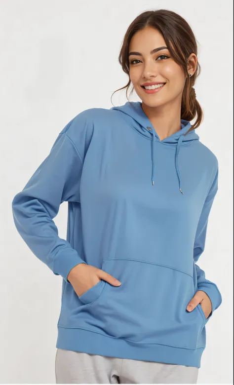 a woman in a blue hood smiles while standing, wearing a blue hood, blue hood, wearing an oversized hood, hood, oversized hood, long sleeves, um casaco com hood, wearing hood, wearing a neon blue hood, sport clothes, velvia, girl wearing hood, um casaco com...