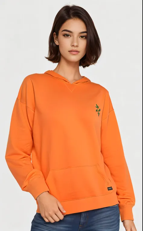 a woman in an Laranja sweatshirt posing for a picture, long Laranja sweatshirt, Manga compridas, neon Laranja, wearing an Laranja t shirt, wearing an Laranja t-shirt, Laranja hue, Laranja neon, Laranja color, Laranja hoodie, dark Laranja, Laranja, very Lar...