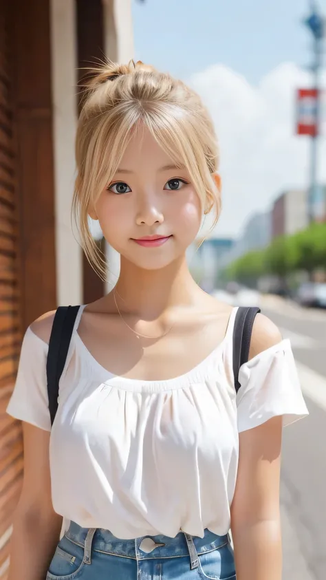 Sunburn marks on tanned skin、blush、Blonde bun hair,A cute 17-year-old girl with a cute look, A strong wind blows my hair in front of my face、Beautiful big sparkling eyes, Cute eyes hidden by long bangs、Yawn、No visible nasolabial folds、A short, light-colore...