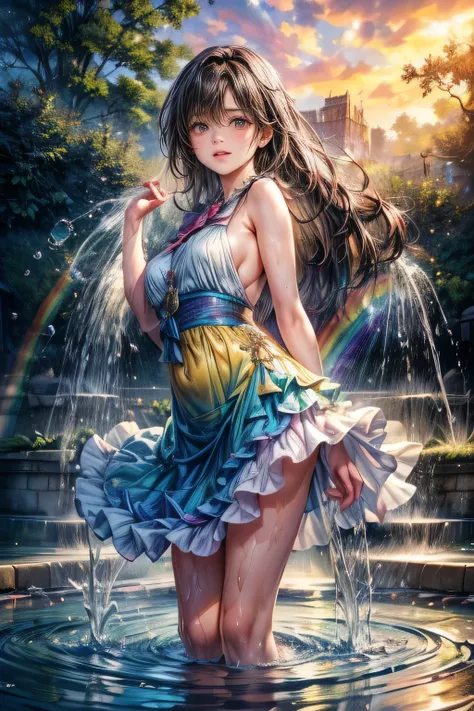 realistic detailed high quality photography, ultra-realistic, photorealistic:1.37, through bangs, 1girl, beautiful young girl, barefoot in a park, water fountain, water splashing, playing in water, rainbow, detailed facial features, long lashes, gorgeous e...