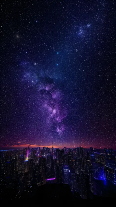 Music score playback、Colorful musical scores are played、Cute Girl Characters、 Night view from a high place、Drawing a large number of skyscrapers, Look up at the starry sky. Surround her with colorful nebulae and colorful metropolises.