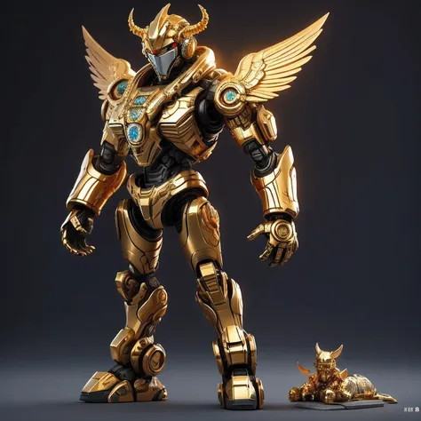 statue of a golden robot on a black surface, cute elaborate epic robot, greek god in mecha style, cyber steampunk 8 k 3 d, detai...