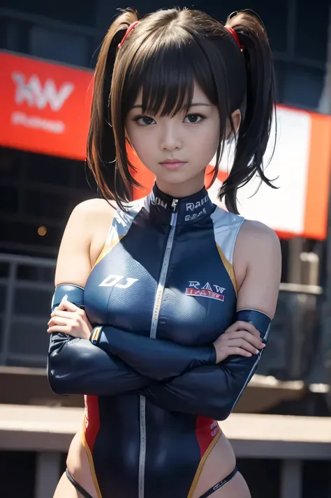 (Raw quality:1.4)、8K resolution、Ultra-high-definition CG images、Japan female racer in blue racing suit standing in front of blue formula car　F1 キー　circuit　Blonde　Short Hair　Monaco Grand Prix　Standing with arms crossed　Cleavage　People Shooting　Portrait