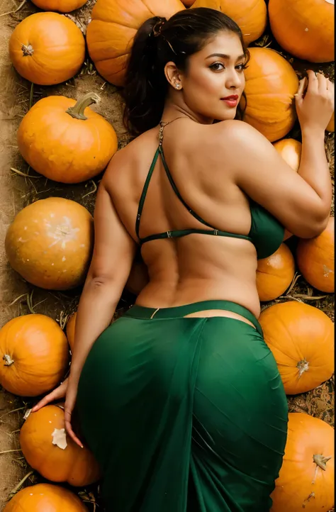 extreme close up photo of back of naked 30 years old naked nayanthara lying on big pumpkins with wide open spread ass anal from top view, hourglass figure, swooping breasts, deep cleavage, curvy, armpits, seductive eyes, ass, look at viewer lusciously, sub...