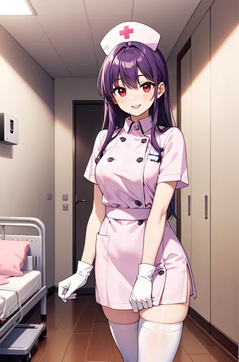 1woman, solo, nurse, white nurse cap, white nurse uniform, ((white legwear, zettai ryouiki)), white gloves, long hair, purple hair, red eyes, pink lips, smile, standing, ((hospital room)), sharp outline, short sleeves, mature female, 35 years old, best qua...