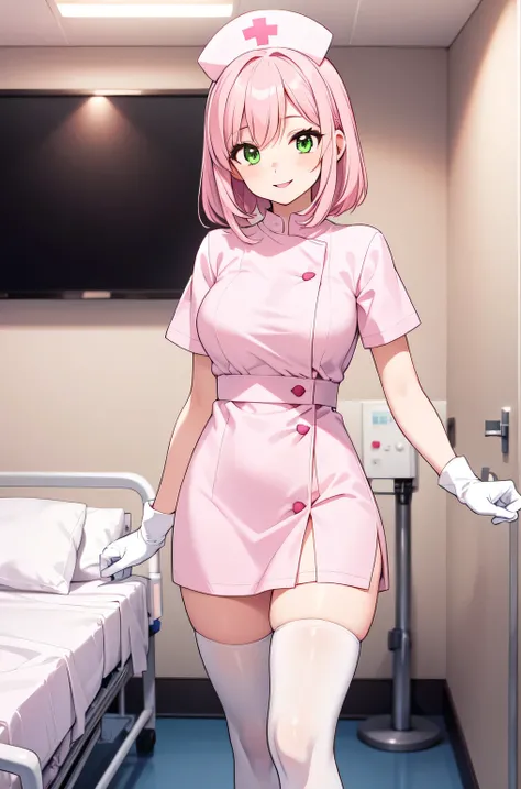 1woman, solo, nurse, white nurse cap, white nurse uniform, ((white legwear, zettai ryouiki)), white gloves, pink hair, green eyes, drooping eyes, pink lips, smile, standing, ((hospital room)), sharp outline, short sleeves, mature female, 32 years old, best...