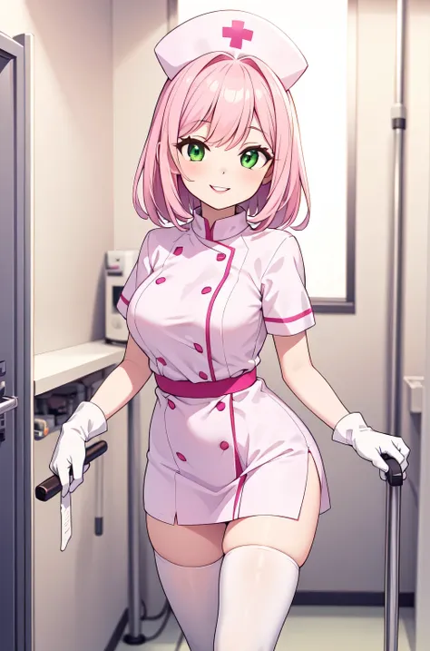 1woman, solo, nurse, white nurse cap, white nurse uniform, ((white legwear, zettai ryouiki)), white gloves, pink hair, green eyes, drooping eyes, pink lips, smile, standing, ((hospital room)), sharp outline, short sleeves, mature female, 32 years old, best...