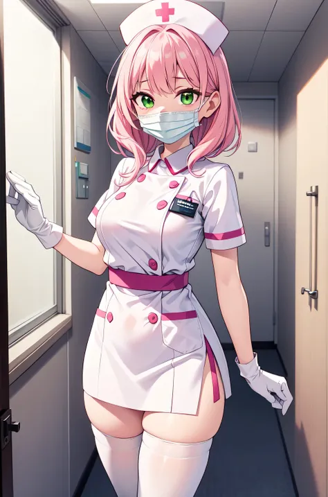 1woman, solo, nurse, white nurse cap, white nurse uniform, ((white legwear, zettai ryouiki)), white gloves, pink hair, green eyes, drooping eyes, ((white surgical mask, covered nose)), standing, ((hospital room)), sharp outline, short sleeves, mature femal...