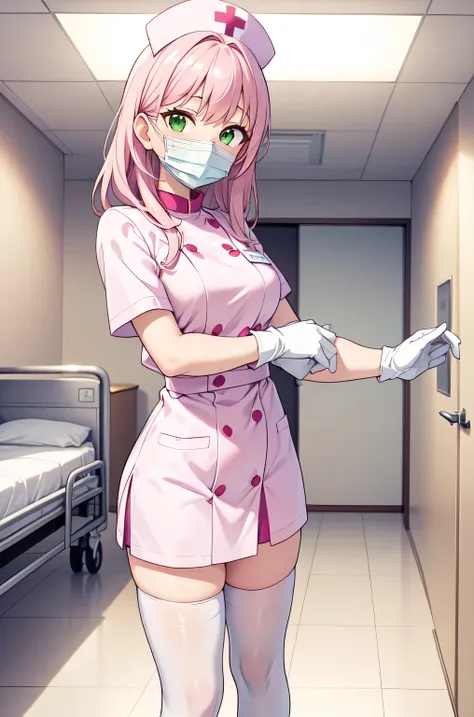 1woman, solo, nurse, white nurse cap, white nurse uniform, ((white legwear, zettai ryouiki)), white gloves, pink hair, green eyes, drooping eyes, ((white surgical mask, covered nose)), standing, ((hospital room)), sharp outline, short sleeves, mature femal...