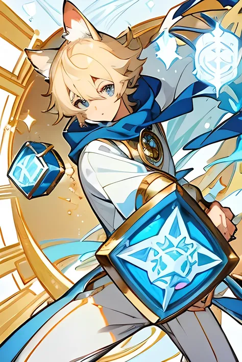 A ((male)) sorcerer with feminine features ((wearing a white-gold kemono)) casting a hexagonal symbol of blue lights. Picture perfect.