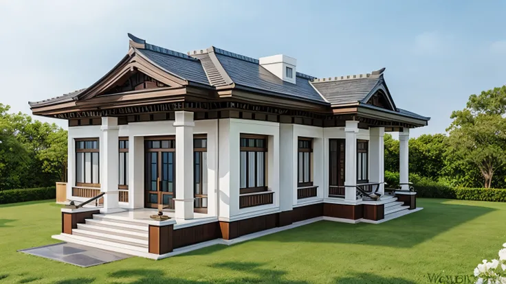 JAPANESE ROOF HOUSE, NEO-CLASSICAL ARCHITECTURE, GARDEN WITH LOT OF GRASS, MANY FLOWERS, BEAUTIFUL LIKE A PHOTO TAKEN BY A CAMERA, NOT ANIMATED,