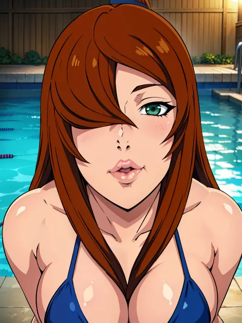 (POV Kiss | Peck | Thick Lips : 1.3), blue bikini, swimming pool back home background, Mei Terumi, anime cels style, best quality, high resolution, 1girl, (large breasts:1.2), beautiful face, long hair, brown hair, green eyes, ((hair over one eye)), lipsti...