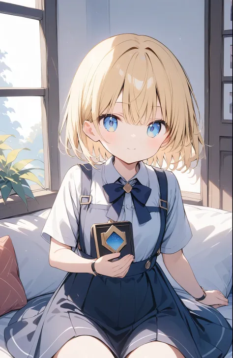 超High resolution, Attention to detail, high quality, High resolution, 最high quality, 4K, 8K, Awards, (artwork)、(森の中,木の下で休む女の子)、Blonde、Short Hair、(Blue Eyes:0.9)、cute、Sitting