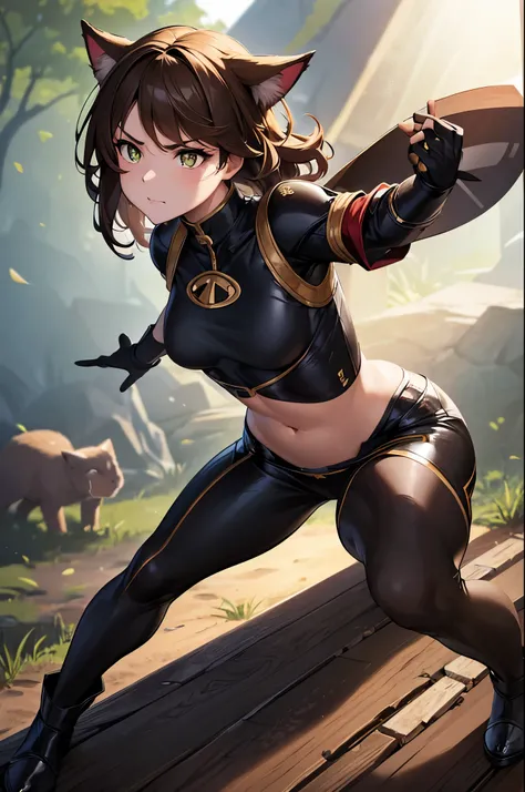 8K,写真を撮るsmall breasts cat girl, small breasts cat girl, Her light brown hair and short curly hair are attractive., Fantasy art, little cat girl, Vojtek Fuss,Very small yellow and black chest armor, Chiquita, Trending on cgstation,In the woods,Grim expressi...