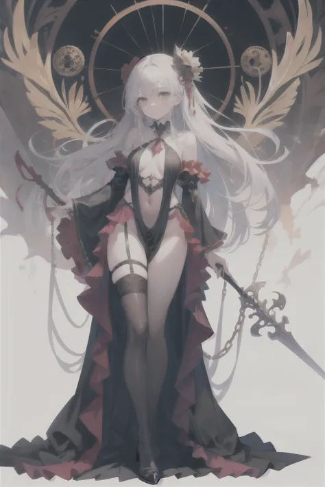  ((best quality)), ((masterpiece)), (detailed), 1girl, Character design, female, astrology, astrological symbolism, star reading, celestrial theme, heavens, heavens above, constellations, dynamic poses, long white grey hair, grey white eyes, very skinny, d...