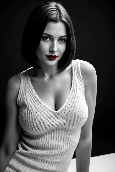 Tabletop, Highest quality, Realistic, Very detailed, finely, High resolution, 8k wallpaper, RAW Photos, Professional, High level of detail, 1 Girl, (((Black and white photography))), (((Red lips))), ((Looking into the camera)), (look forward to), Upper Bod...