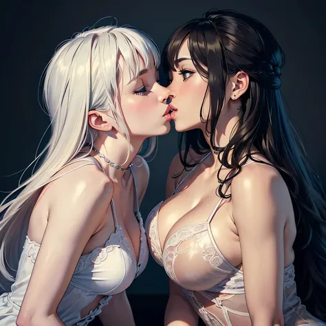 (best quality,4k,8k,highres,masterpiece:1.2),ultra-detailed,(realistic,photorealistic,photo-realistic:1.37), HDR, UHD, studio lighting, extreme detail description, professional, portraits, vivid colors, bokeh, lesbian couple, romance, women, kiss, mouth to...