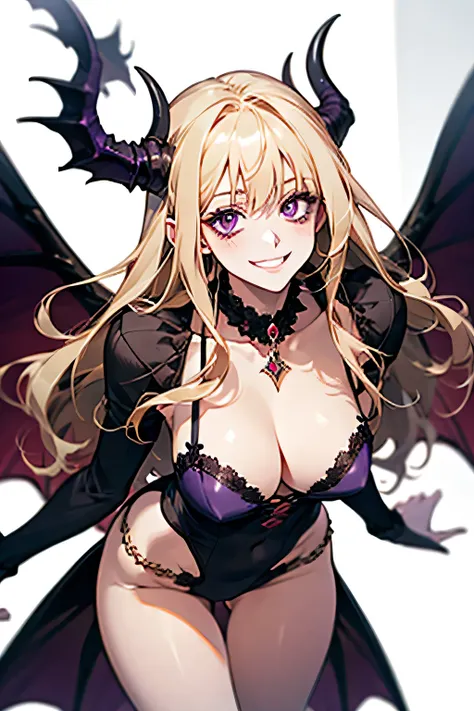 Succubus，Provocative smile，Blonde,Purple devil wings，One devil&#39;s tail.     Full moon in the background.