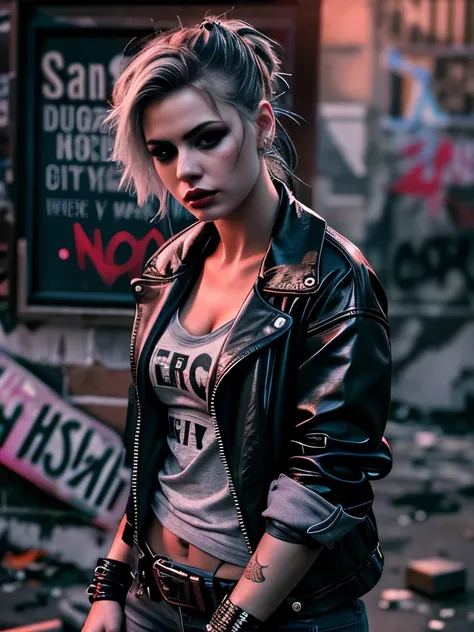 realistic, highly detailed, one ultra hot gorgeous European punk girl. Age 23. with baseball bat, standing in a dark alley, grungy urban environment, moody lighting, dramatic shadows, intense expression, ripped clothing, combat boots, graffiti-covered wall...