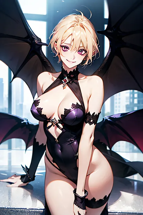 Succubus,short hair，Provocative smile，Blonde,Purple devil wings，One devil&#39;s tail.     Full moon in the background.