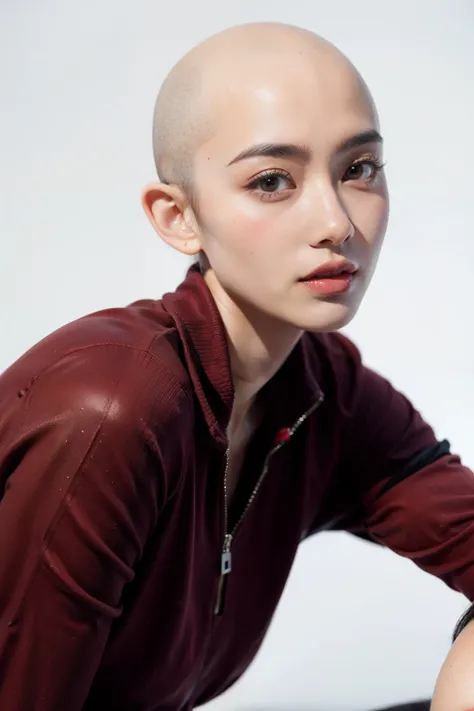 1girl,handsome and beatiful asian women,face,beard,white background, bald,no hair, id photo,head-on,realistic