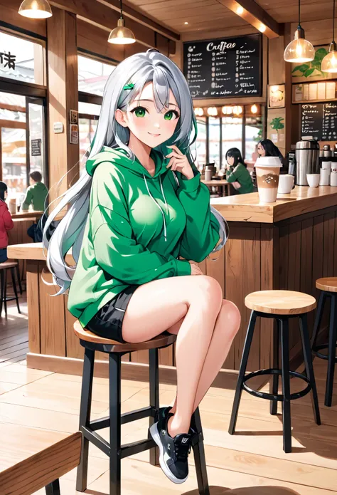 Pretty asian woman, bright silver hair, long hair, green eyes, busty, black shorts and a green hoodie, cute, sitting on a wooden barstool ,coffee shop environment, pretty smile, anime style, full body photo, facing to the right