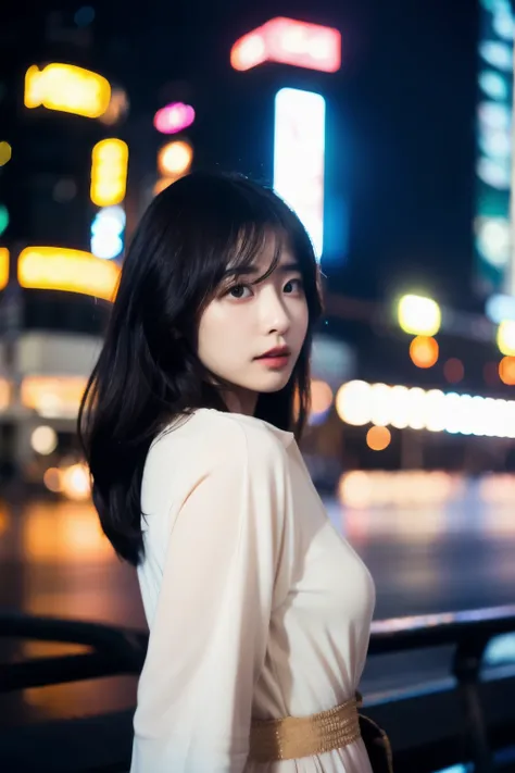 (Cinematic aesthetics:1.4) Bokeh city night photo of beautiful Korean fashion model