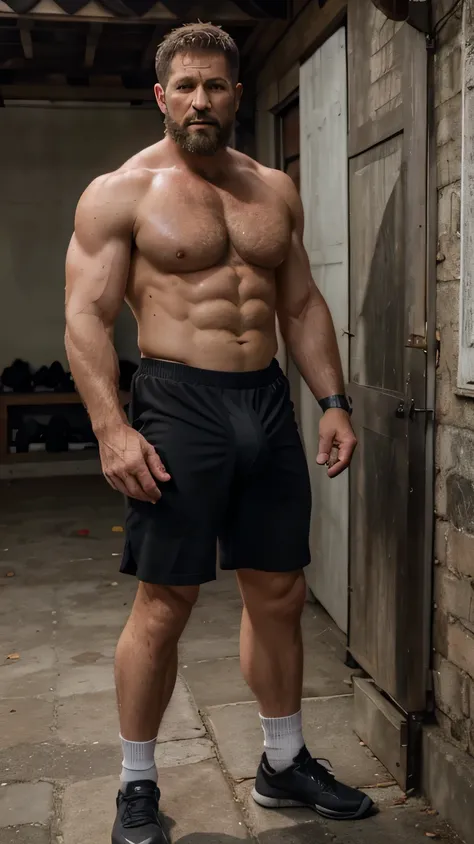 (50 yo), Chris Redfield from Resident evil village, tshirtless, wearing sport shorts, bulge, (beefy:1.3), beard, looking at viewer, beautiful man, detailed eyes, symmetric face, smirk, robust, greying hair, black socks, no shoes, very huge uncut erected pe...