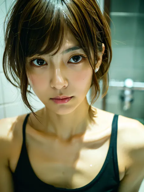 Look into the eyes,　Eye contact,　Front of face,　face,　Cross-legged,　indoor,　Brown Hair,　bangs,　Tank top,　Sweat,　clavicle,　shoulder,　Cross-legged,　chest,　Earrings,　Skin Moisture,　The gaze looking down on me,　Look at me,　bathroom