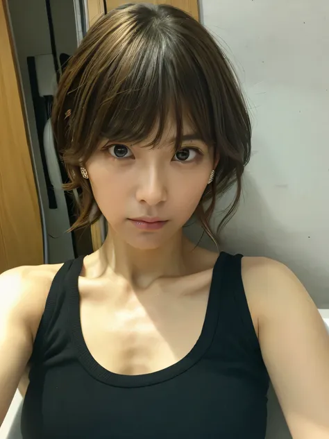 Look into the eyes,　Eye contact,　Front of face,　face,　Cross-legged,　indoor,　Brown Hair,　bangs,　Tank top,　Sweat,　clavicle,　shoulder,　Cross-legged,　chest,　Earrings,　Skin Moisture,　The gaze looking down on me,　Look at me,　bathroom