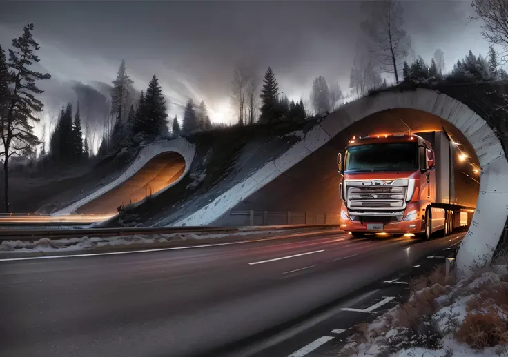 there is a truck driving through a tunnel on a highway, Dramatic Arts, advanced highway, Artistic Rendering, truck, Surrealism&quot;, “Surrealism&quot;, crisp smooth lines, Vehicle Photography, Car Photography, Tunnels lead to different worlds, impressive ...