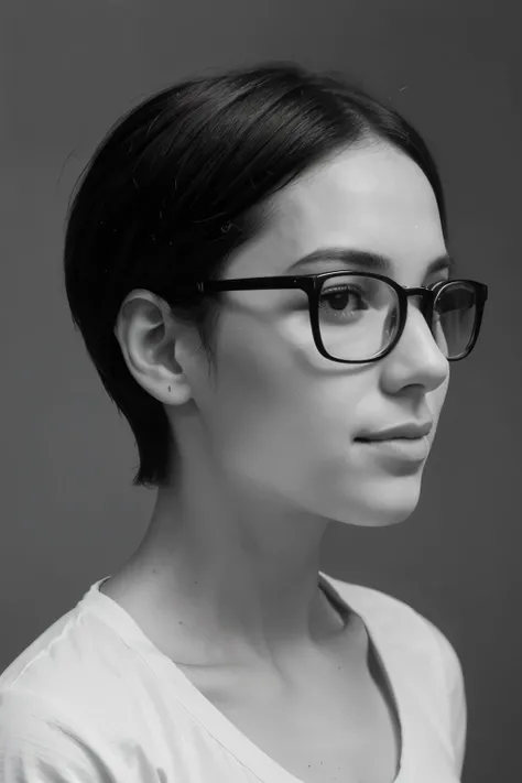 Create a minimalist 2D avatar for the username Folso in black and white style on a black and white background. The profile picture should resemble a simple illustration and include an image of a girl with short hair and glasses. Use simple and clear lines,...