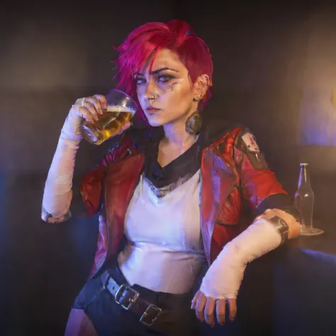 a woman with pink hair, ((((text ''vi''))), nose ring, red leather jacket, drinking a beer in a pub, cyberpunk background