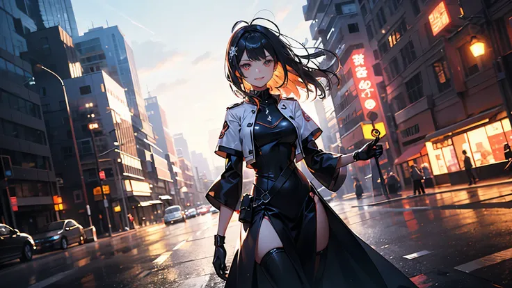 ((​masterpiece, best quality)), 8k wallpaper, mechanical girl, Long hair, Red hair, alone, gown, humanoid robots, cyber punk perssonage, red eye, Show viewers, long sleeve, Building, White gown, mitts, hair ornaments, black jacket, smile, floating hair, cl...